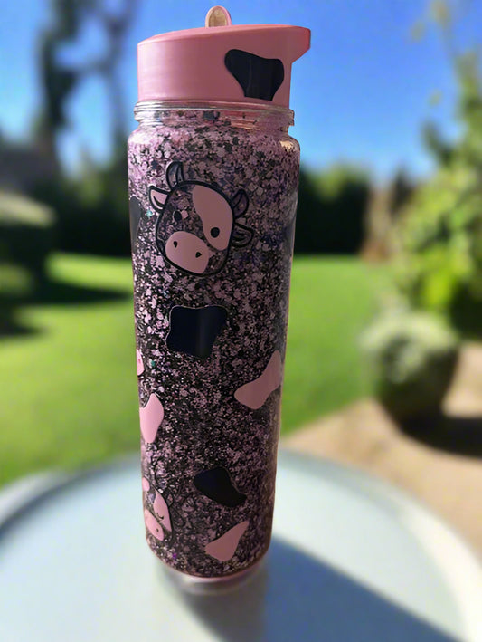 Pre-Made Pink & Black Cow Snow Globe Acrylic Water Bottle
